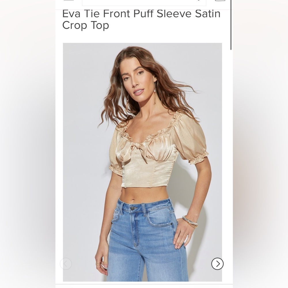 Francesca’s Eva Tie Front Puff Sleeve Satin Crop Top in Gold